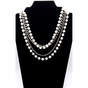 Multi Strand Faux Pearl Silver Tone Statement Necklace